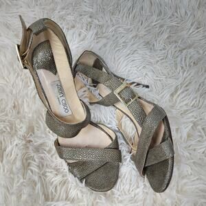 Jimmy Choo sandals Sz 39.5 pewter heels 4" leather metallic strappy